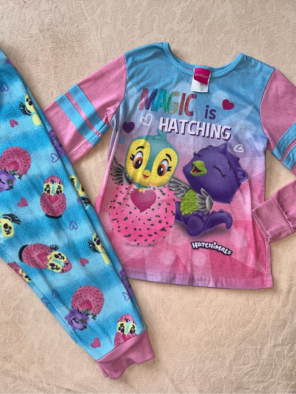 Girls size 7/8 Pink & Blue Hatchimals Pajama Set